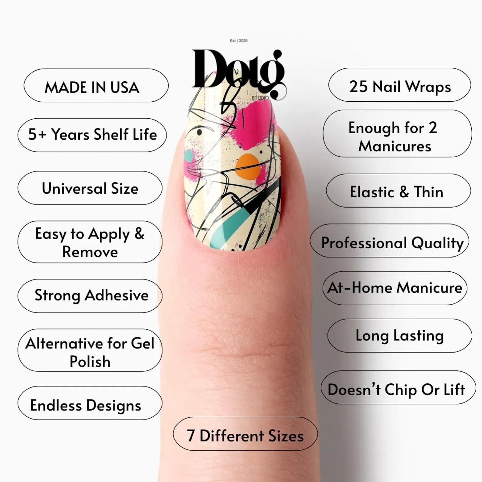Nail wrap with Dotg branding and product features listed on a white background