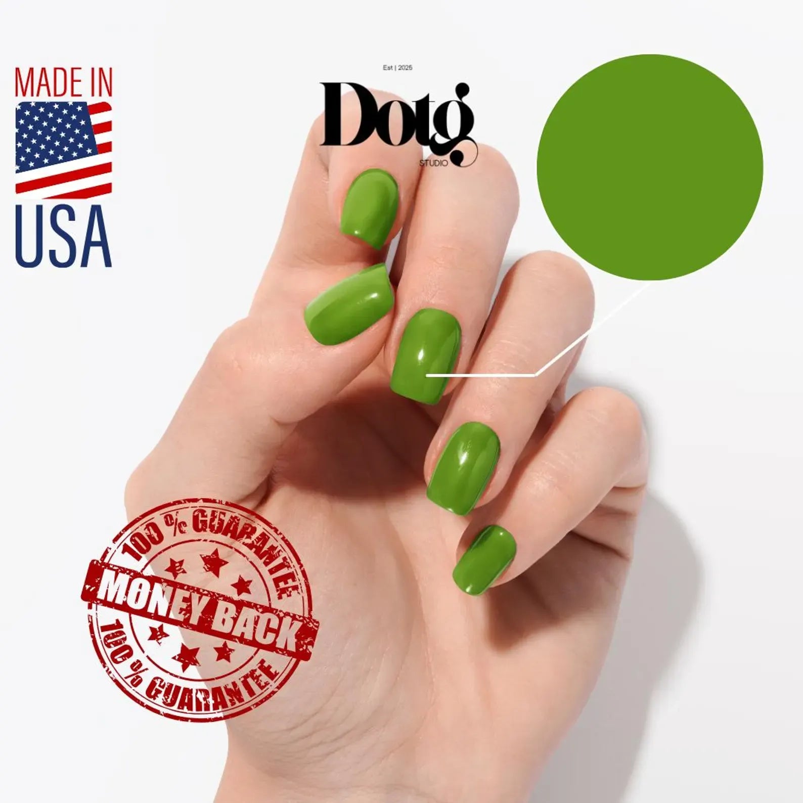 Hand with green nails wraps, with Dotg Studio brand logo and 'Made in USA' text.