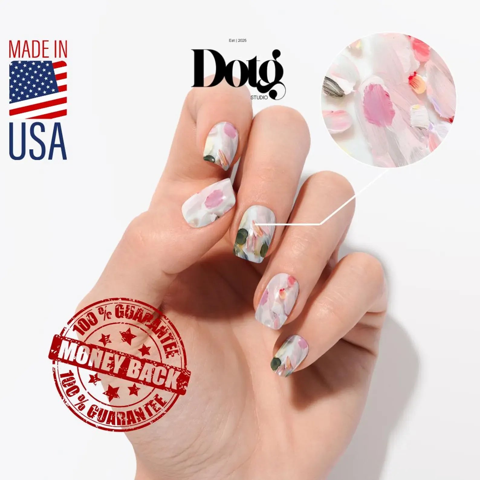 Hand with floral nail art, Dotg brand logo, Made in USA label, and money-back guarantee stamp on a white background.