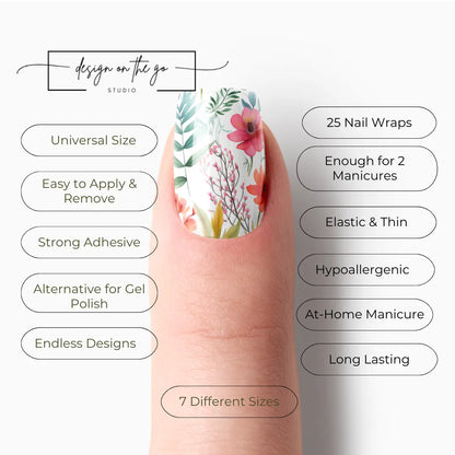 #type_manicure list of features of a nail wrap product showing on manicured single finger with nail wraps applied