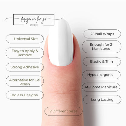 #type_manicure list of features of a nail wrap product showing on manicured single finger with nail wraps applied