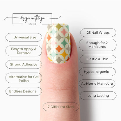 #type_manicure list of features of a nail wrap product showing on manicured single finger with nail wraps applied