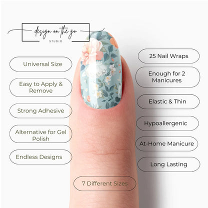 #type_manicure list of features of a nail wrap product showing on manicured single finger with nail wraps applied