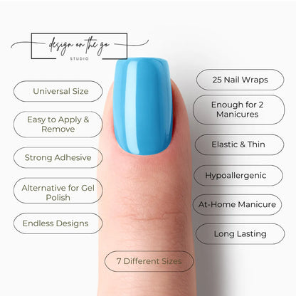 #type_manicure list of features of a nail wrap product showing on manicured single finger with nail wraps applied