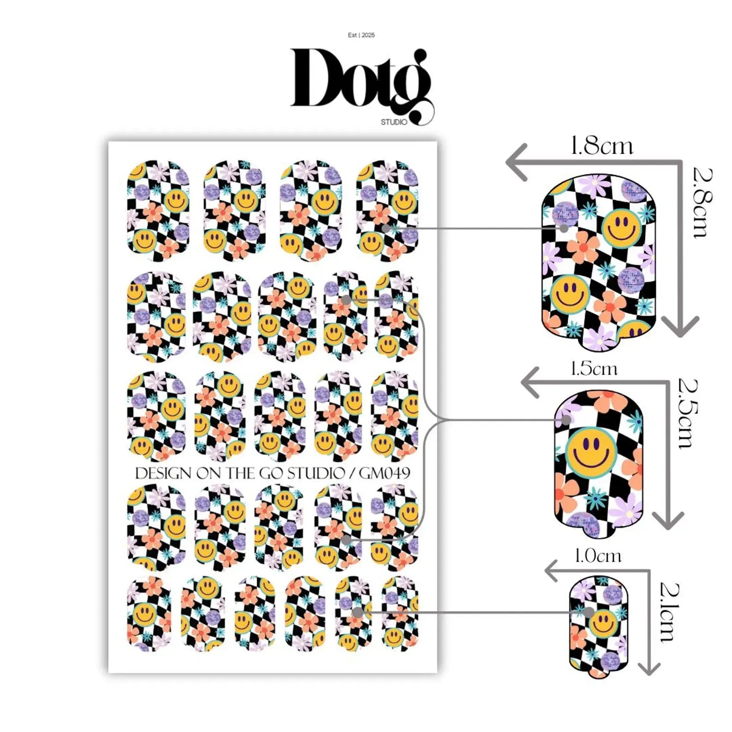 Sheet of colourful nail art nail wraps with smiley faces and checkered patterns.