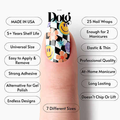 Nail wrap with smiley face and product features on a white background