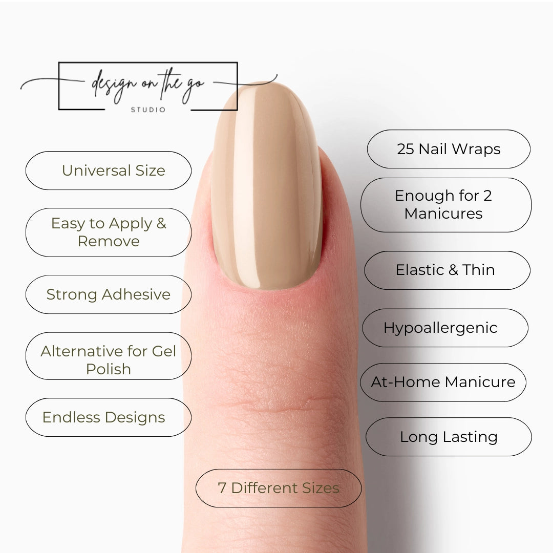 #type_manicure list of features of a nail wrap product showing on manicured single finger with nail wraps applied