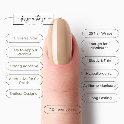 #type_manicure list of features of a nail wrap product showing on manicured single finger with nail wraps applied