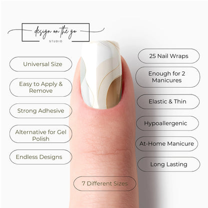 #type_manicure list of features of a nail wrap product showing on manicured single finger with nail wraps applied