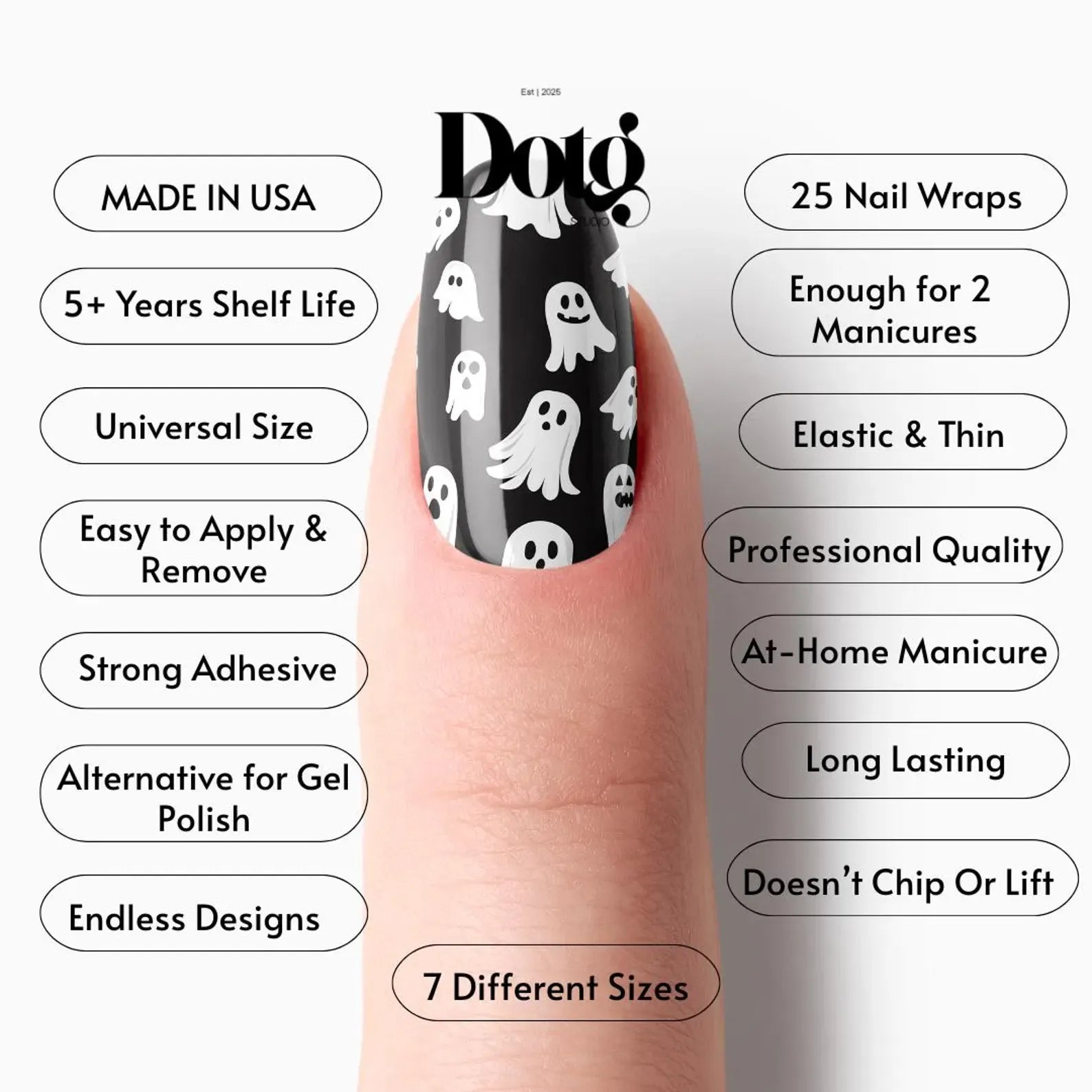 #type_manicure manicured finger with black and white spooky ghost nail wraps on white background with a list of features