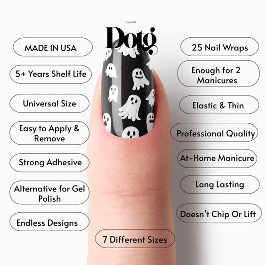 #type_manicure manicured finger with black and white spooky ghost nail wraps on white background with a list of features