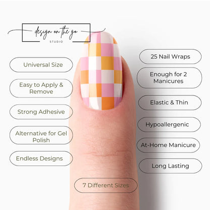#type_manicure list of features of a nail wrap product showing on manicured single finger with nail wraps applied