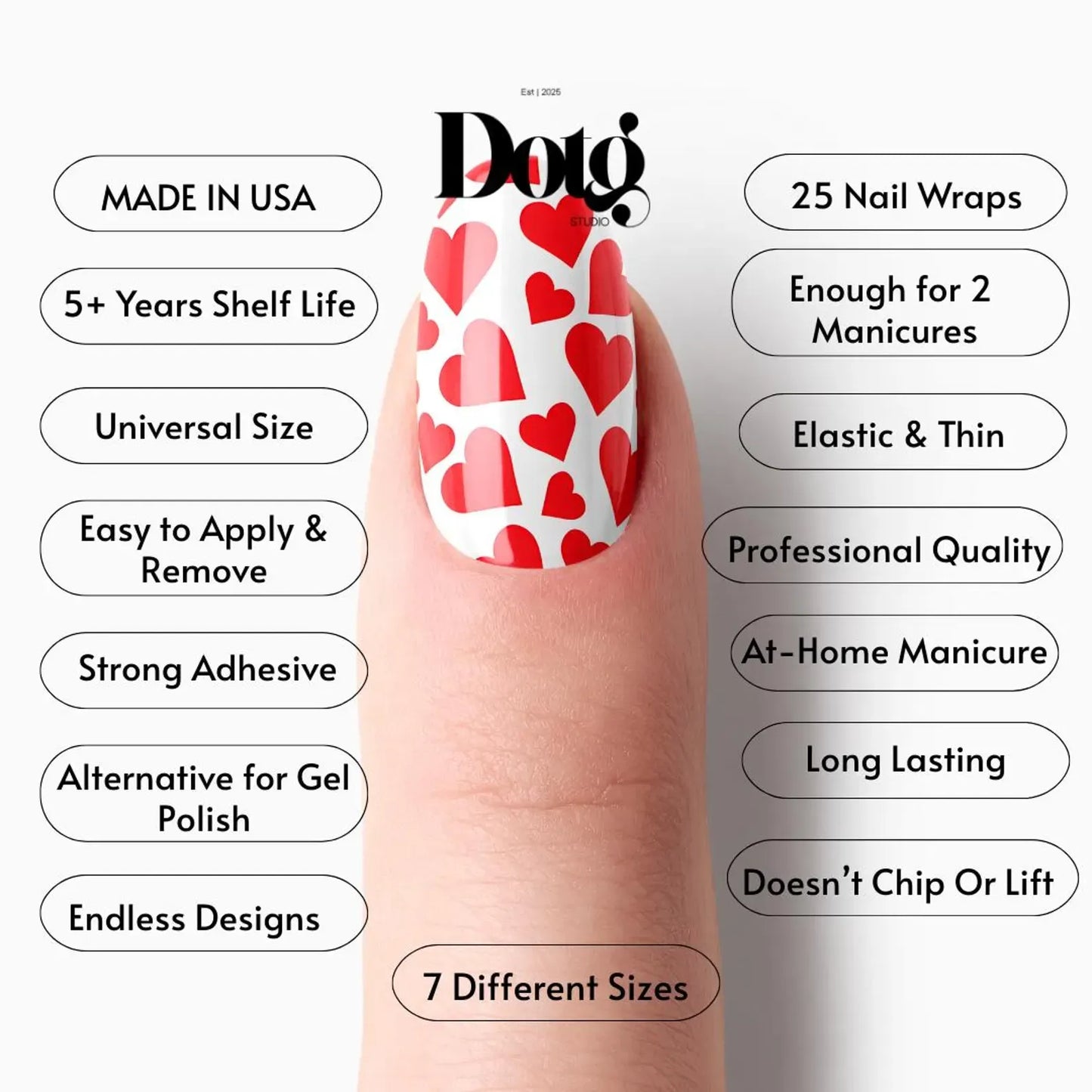 Nail wrap with red heart pattern on a finger, featuring Dotg Studio brand and product features.